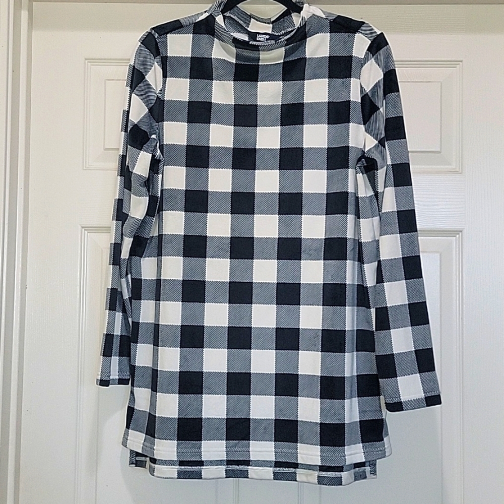 Lands End Fleece Velvet Tunic Top Off White and Black Buffalo Plaid Size Medium